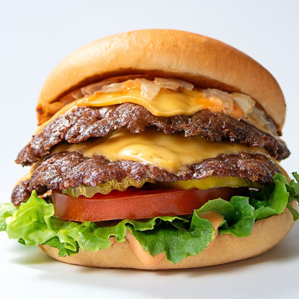 Double cheeseburger with lettuce, tomato, pickles, onions, and sauce on a toasted bun.