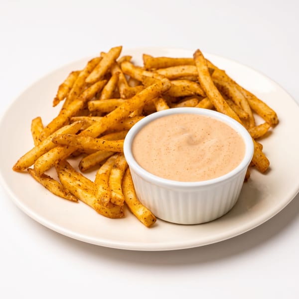 Seasoned golden French fries piled on a white plate with a ramekin of creamy dipping sauce.