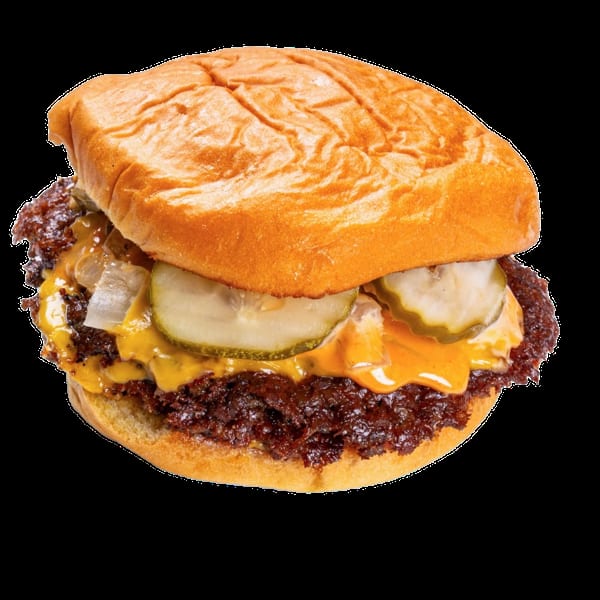 Cheeseburger with a toasted bun, double beef patties, melted cheese, pickles, onions, and orange sauce.