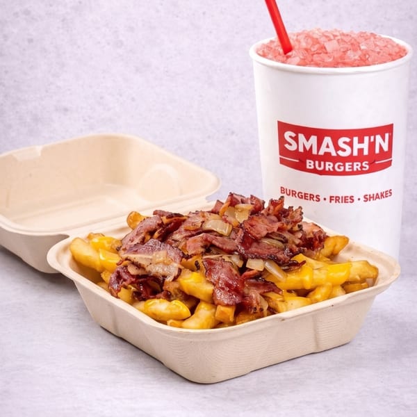 Loaded bacon cheese fries with a Smash'N drink
