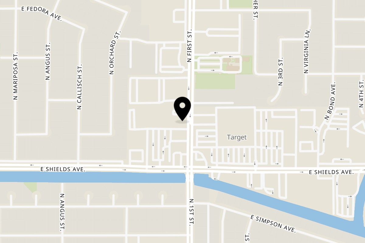Map showing the location of Smash’N burgers on 3085 E Shields Ave in Fresno